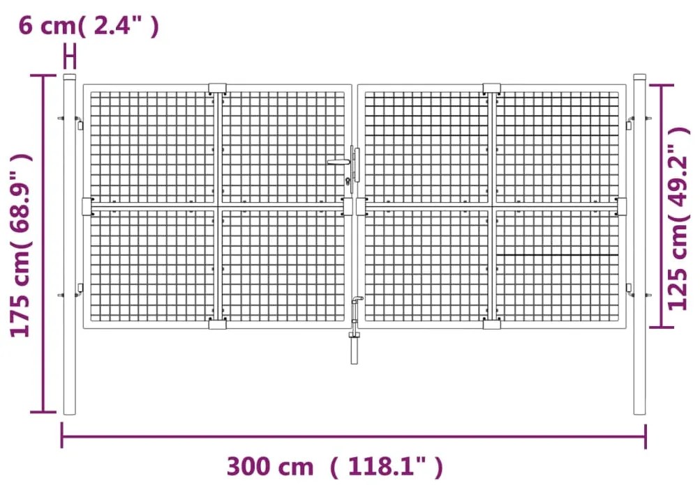 Portão de rede para jardim 300x175 cm aço galvanizado prateado