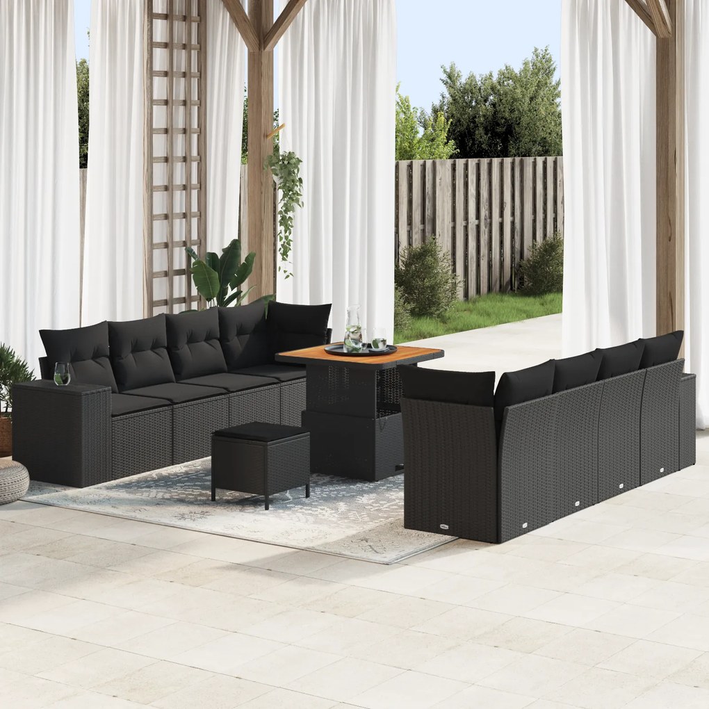 Conjunto de Sofá de Jardim vidaXL de 11 Peças com Almofadas Preto Poly