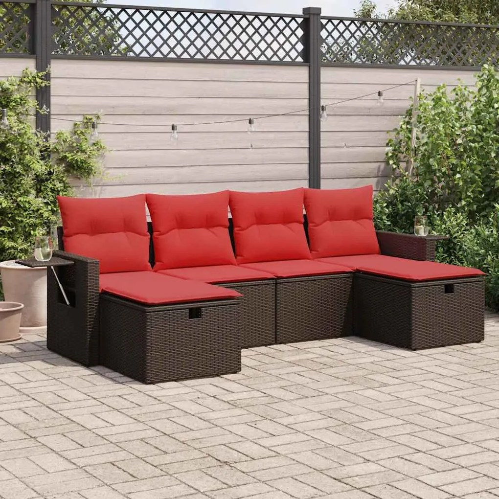 6 pcs conjunto de sofás jardim c/ almofadões vime PE castanho