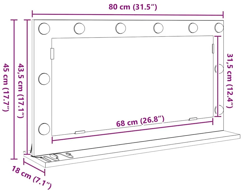 Espelho de Vanidade com Luzes LED Branco 80x45x18 cm