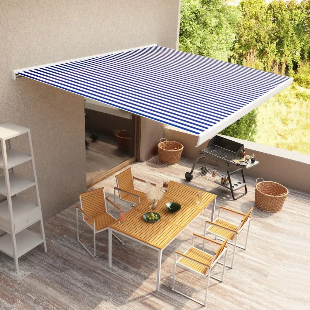 Toldo motorizado com caixa 400x300 cm azul e branco