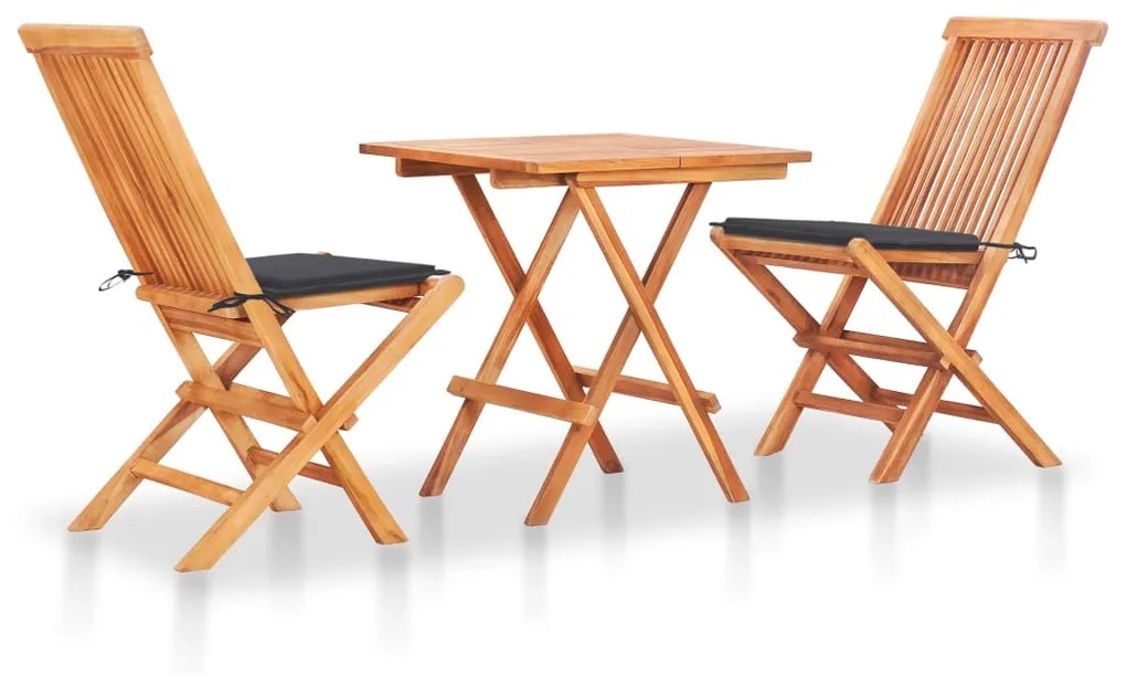 vidaXL Conjunto bistrô c/ almofadões antracite 3 pcs teca maciça