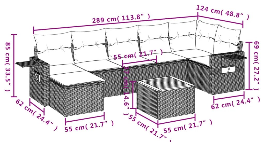 8 pcs conjunto de sofás p/ jardim com almofadões vime PE bege