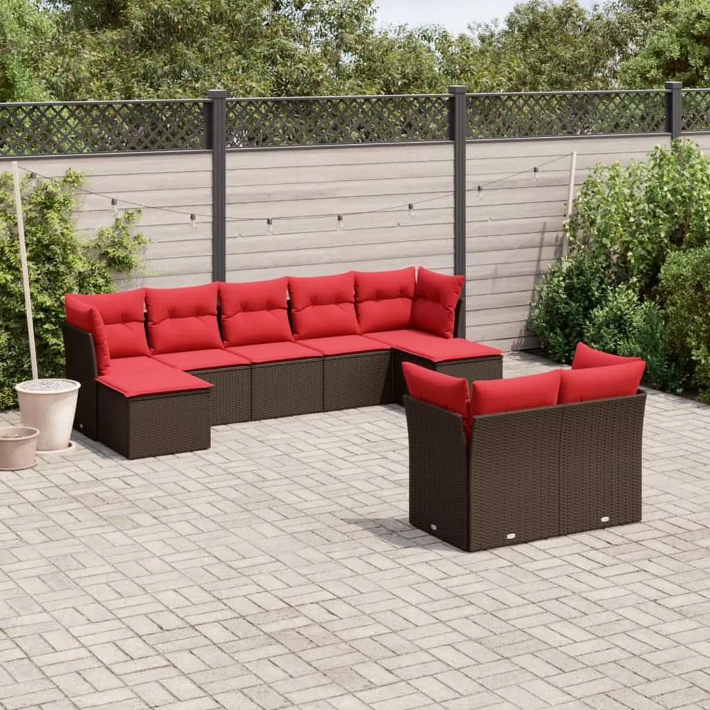 vidaXL 9 pcs conjunto sofás p/ jardim c/ almofadões vime PE castanho