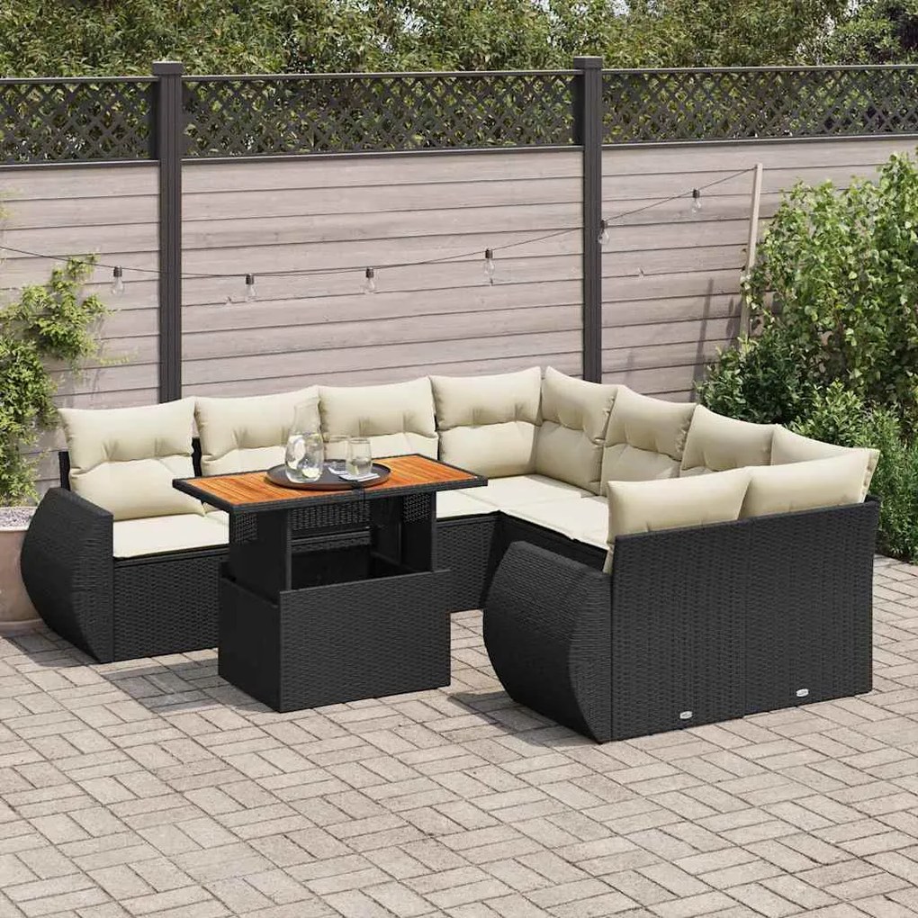 9 pcs conjunto de sofás p/ jardim c/ almofadões vime PE preto