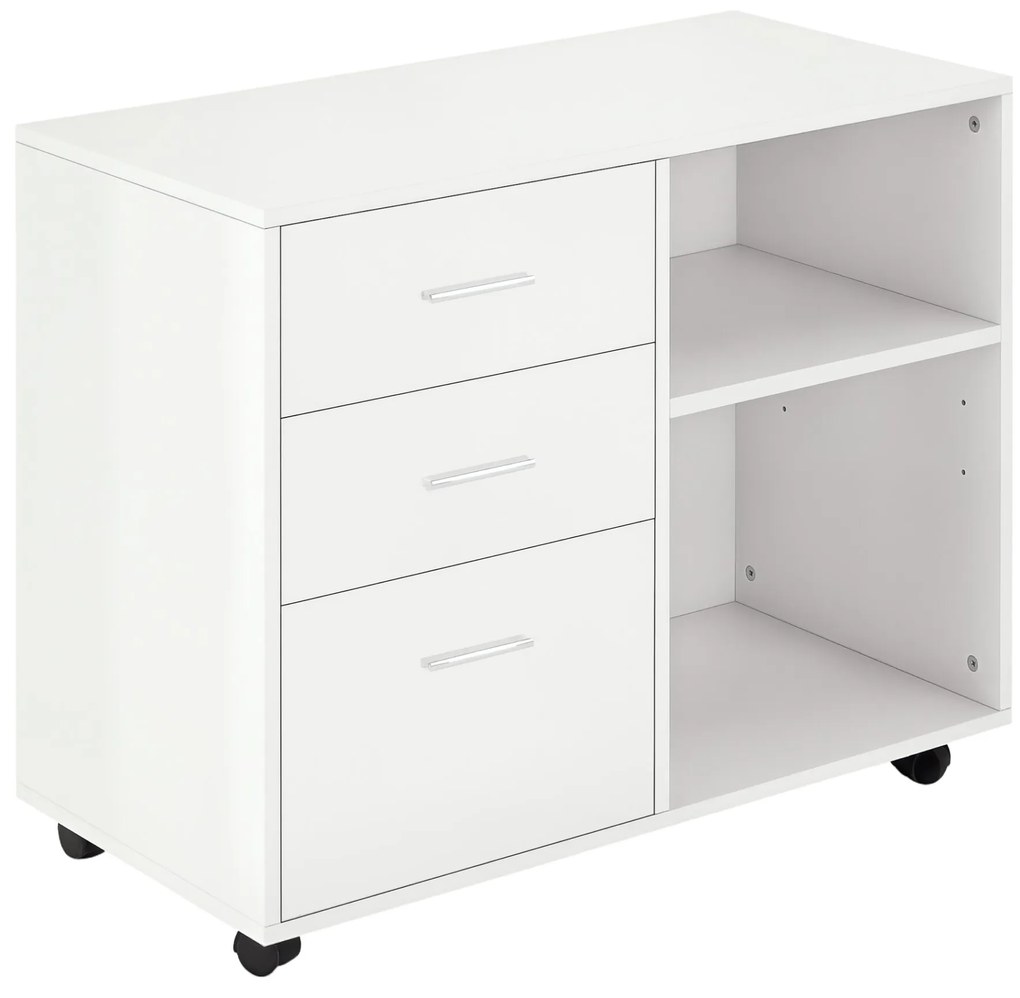 HOMCOM Armário de Escritório para Impressora Multifuncional com 3 Gavetas Prateleira Ajustável e Rodas 80x40x65cm Branco