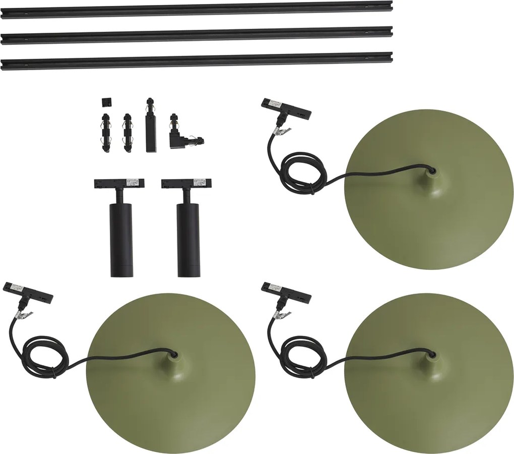 Sistema de calhas de iluminação moderno preto com 2 focos e 3 candeeiros suspensos verdes 1-fase - Slimline Uzzy Panzi