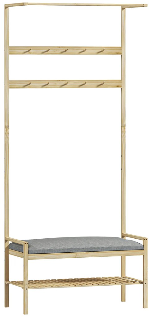 Móvel Cabide de Entrada com Sapateira 10 Ganchos Barra Superior e Compartimento 73,5x34x171 cm Madeira e Cinza