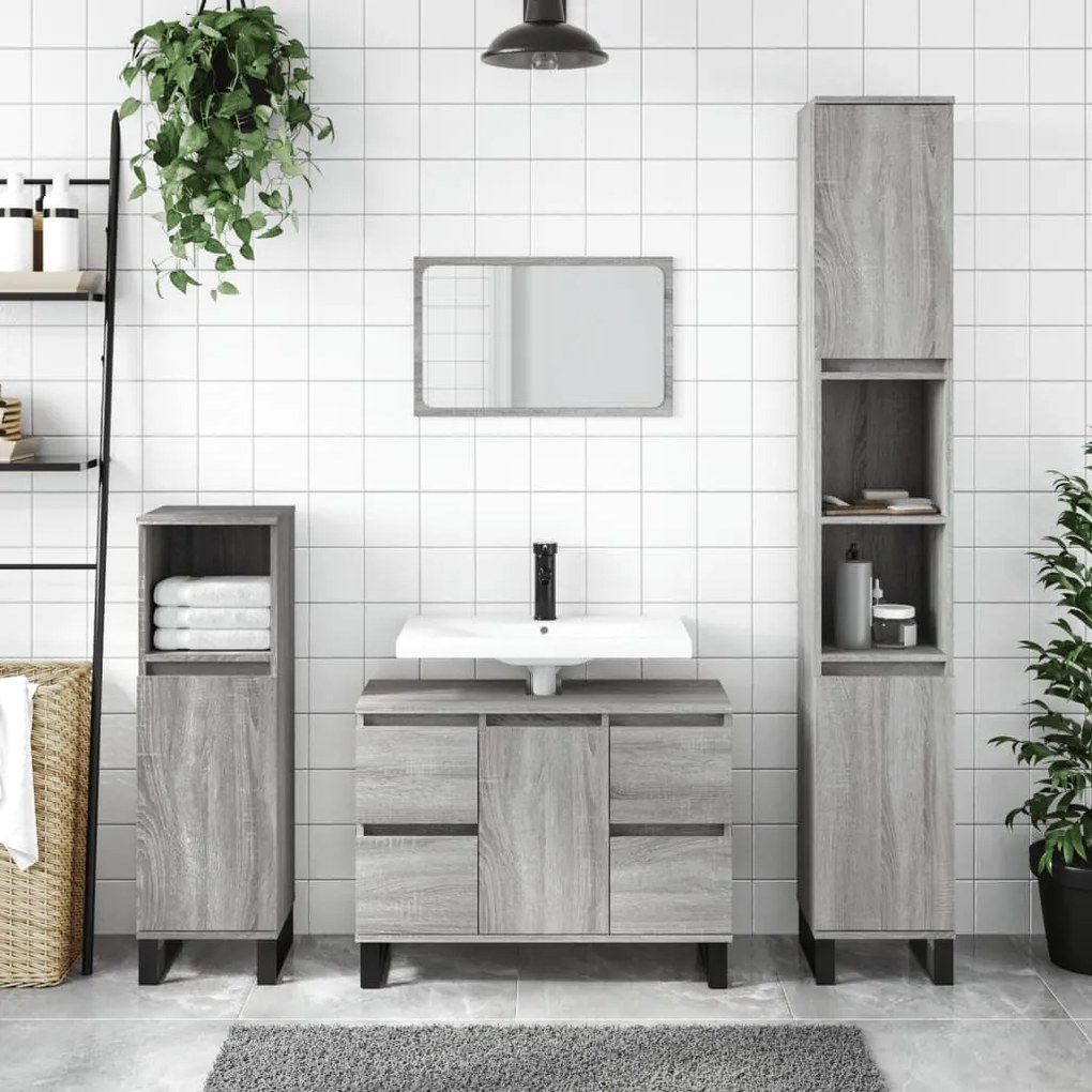 vidaXL Armário WC 30x30x100 cm derivados de madeira sonoma cinzento