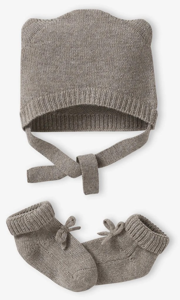 Conjunto gorro e sapatinhos em lã e caxemira, para recém-nascido bege mesclado