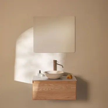 Conjunto De Móvel De Casa De Banho Suspenso Em Madeira De Freixo Tedrik Castanho Fresno & Cimento Redondo Branco Ø40 Cm Zavion & Led - Sklum