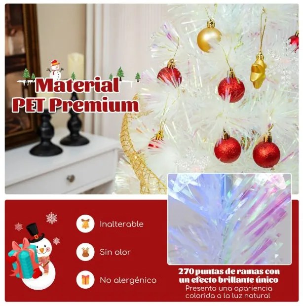 Árvore de Natal artificial de fibra ótica com 210 cm, pré-iluminada com 270 pontas de ramos, estrela no topo e 48 luzes branca