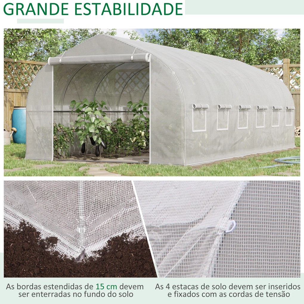 Outsunny Estufa Tipo Túnel 6x3x2m Estufa de Jardim com Porta e 12 Janelas Enroláveis de Polietileno e Aço Galvanizado para Cultivos de Plantas Flores Branco