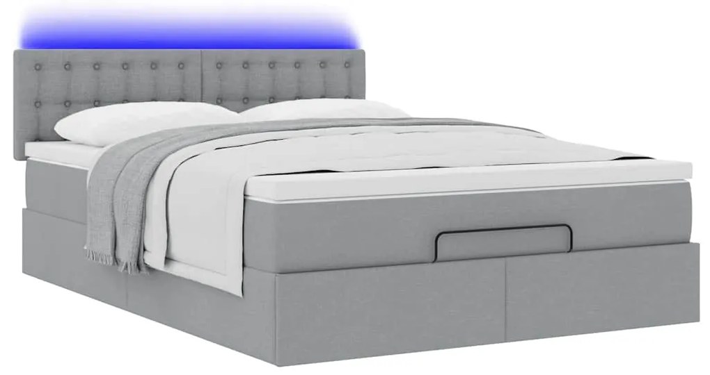 Cama Otomana com Colchão &amp; LEDs Cinzento Claro 140x190cm Tecido