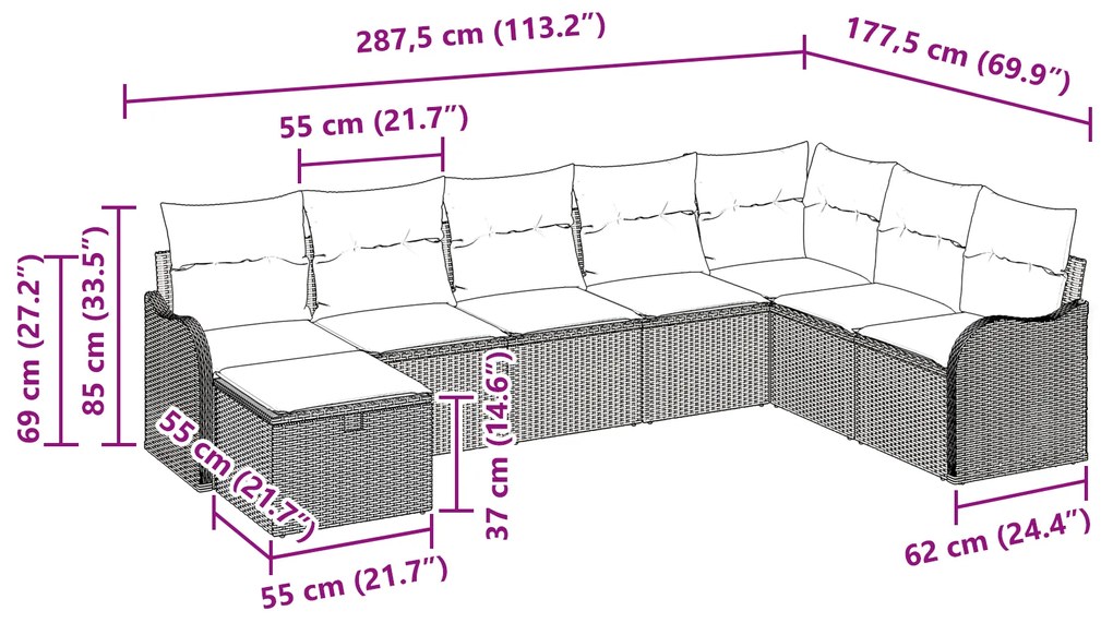 Conjunto de Sofá vidaXL de 8 Peças com Almofadas Bege em Rattan Poliés