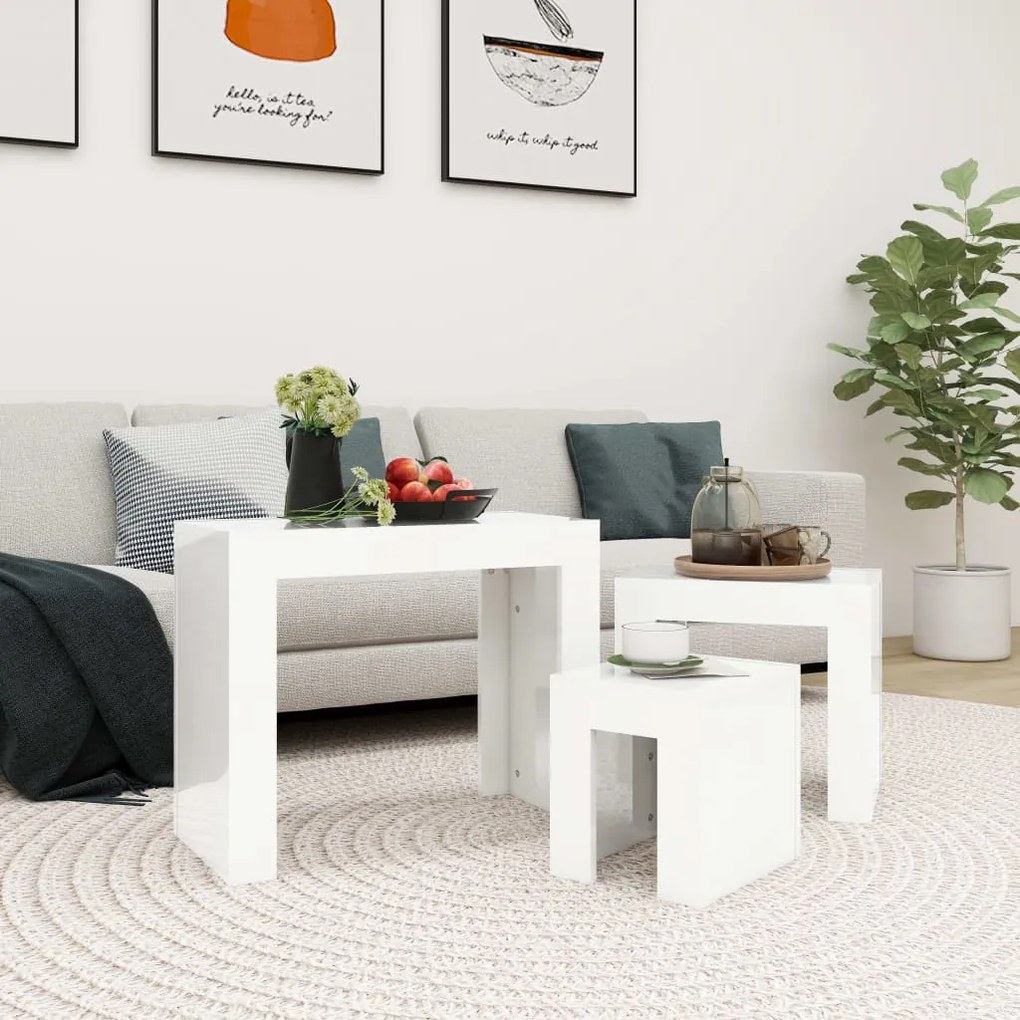 vidaXL Mesas centro encastrar 3pcs derivados madeira branco brilhante