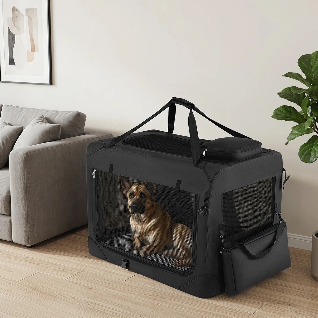 Transportadora dobrável tamanho L 83,5 x 58 x 58 cm para animais de estimação, com janelas de rede, 3 portas, cama felpuda e bolsos removíveis, para u
