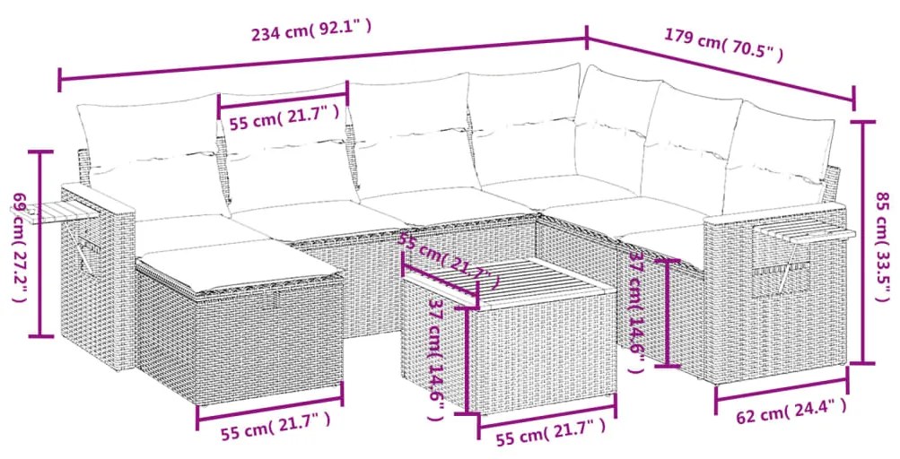 8 pcs conjunto sofás de jardim c/ almofadões vime PE cinzento