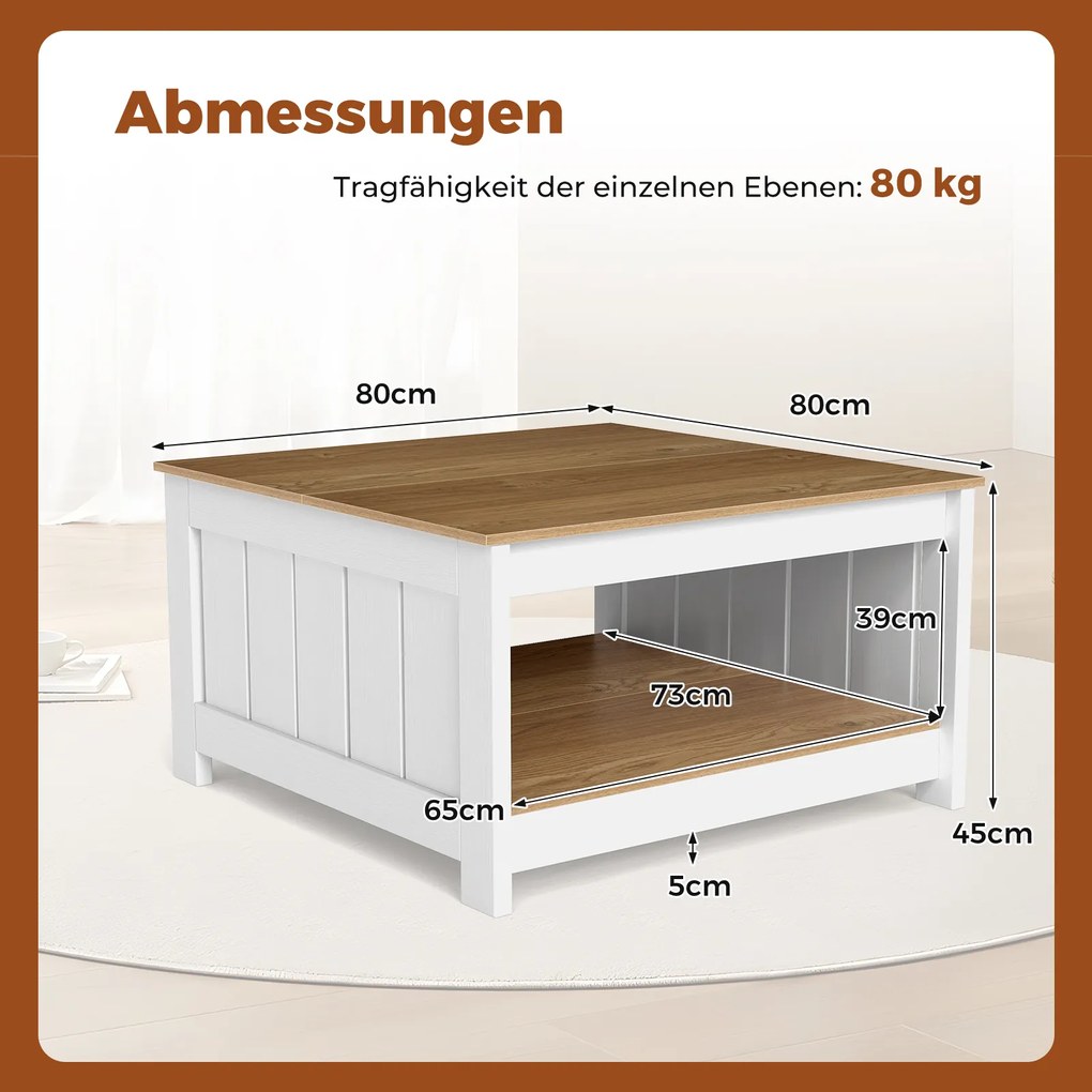Mesa de centro de madeira 80 x 80 x 45 cm com 2 níveis, mesa quadrada para sala de estar em estilo rústico com espaço de arrumação. Natural e branco