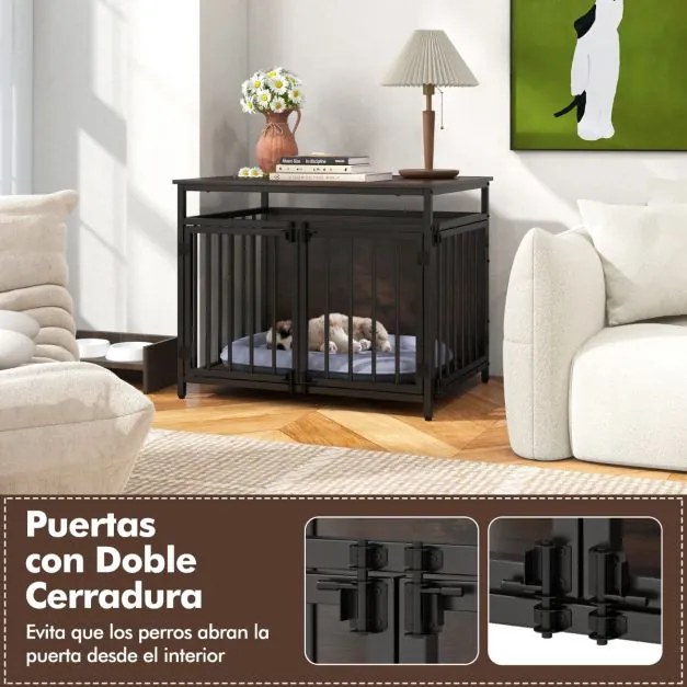 Gaiola para cães 80 x 60 x 64 cm estilo móvel resistente a mordidas com 3 portas e parte superior oca para interior estilo rústico café