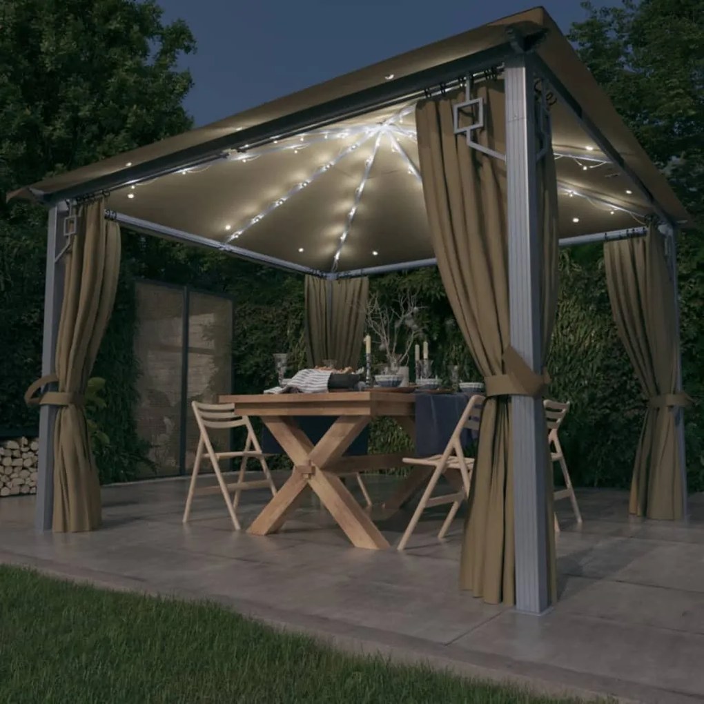 Gazebo c/ cortinas e cordões luzes LED 3x3 m alumínio cinza-ac.