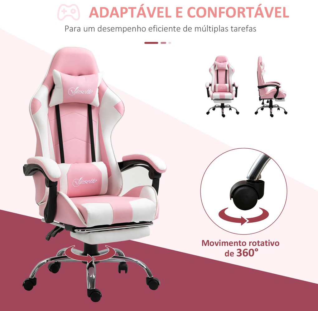 Cadeira de Gaming Reclinável Giratória com Apoio para a Cabeça Apoio para os Pés e Almofada Lombar 64x67x119-127 cm Rosa