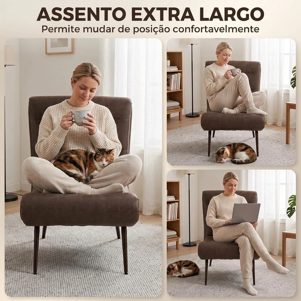 Poltrona retro com apoio para os pés, revestimento em leathaire, assento largo e almofada lombar, castanho-escuro
