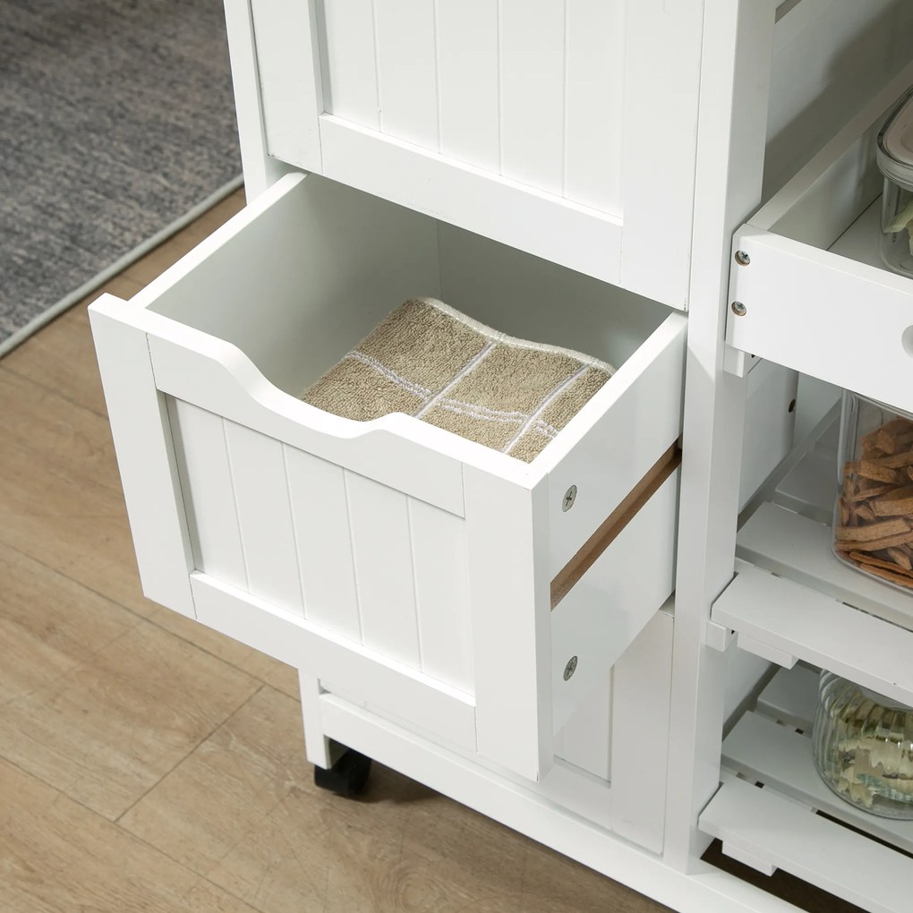 HOMCOM Carrinho de Cozinha com Rodas Carrinho de Serviço Multiuso com 3 Gavetas 2 Prateleiras Abertas e Bandeja para Sala de Jantar Sala de Estar 67x37x85,5cm Branco