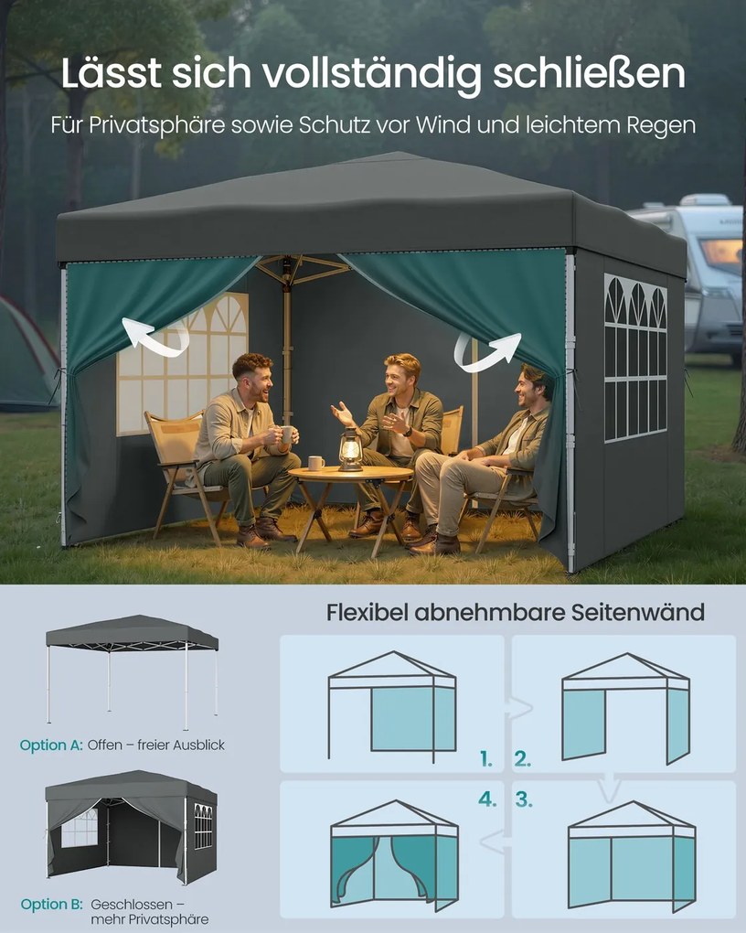 Tenda dobrável de 3 x 3 m para jardim e festas, com 4 paredes laterais, cinzento escuro