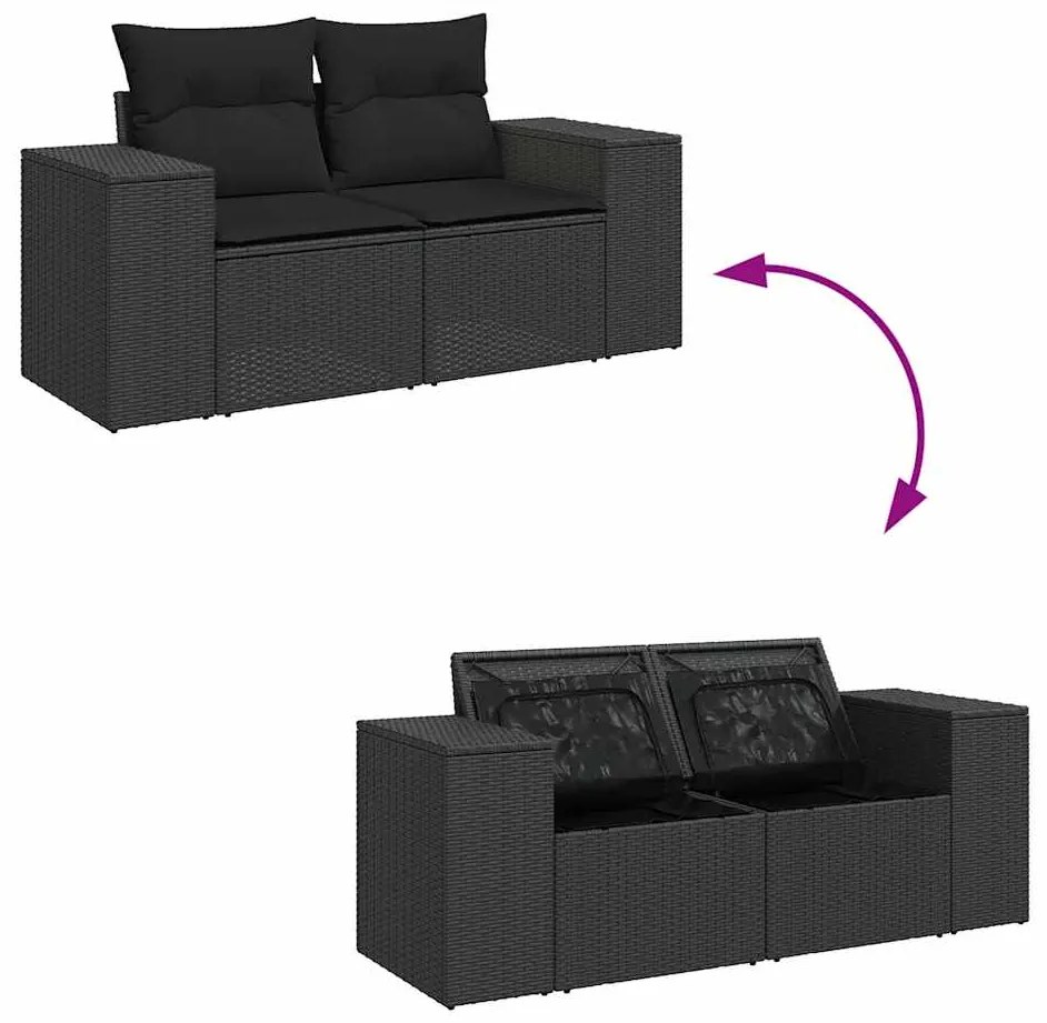 8 pcs conjunto sofás jardim com almofadões vime PE/acácia preto