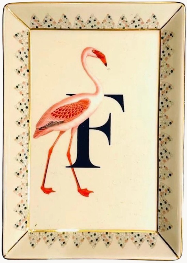 Bandeja decorativa em porcelana fine bone china Flamingo