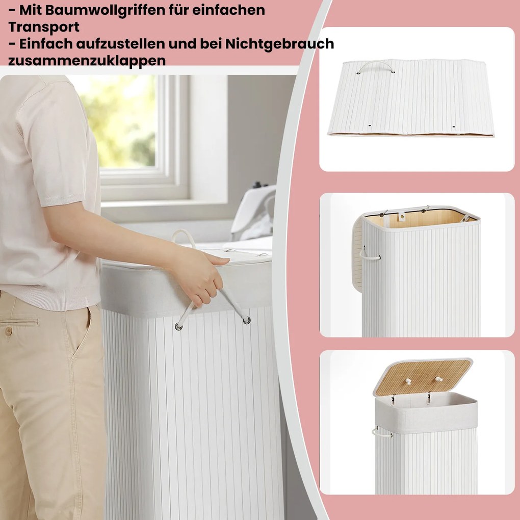 Cesto para roupa em bambu de 72 L, 40 x 30 x 60 cm branco
