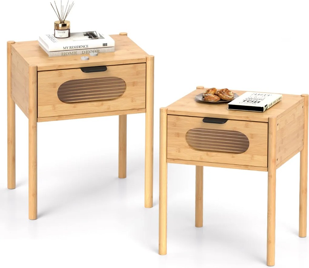 Conjunto de 2 mesas de cabeceira 40 x 40 x 50,5 cm em bambu, estilo rústico, com gaveta e vidro temperado. Mesa auxiliar para quarto, em tom natural