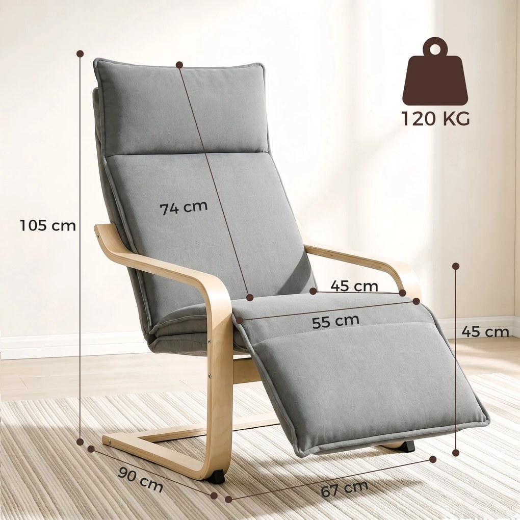 Poltrona de Sala com Apoio para os Pés, 90 x 67 x 105 cm, Balanço Suave, Cinzento