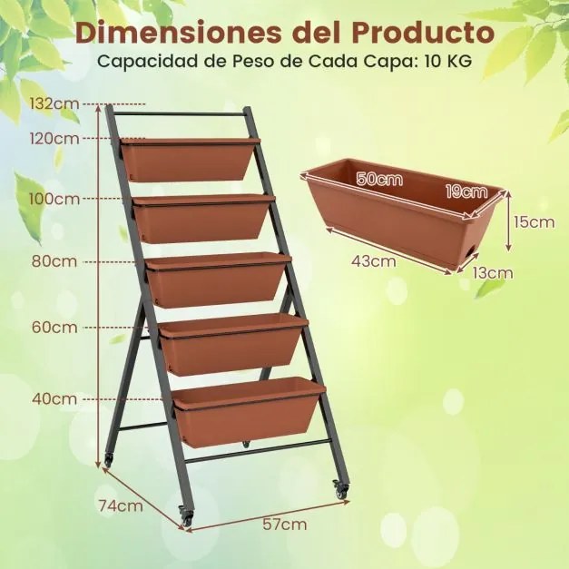 Floreira Escada 57 x 74 x 132 cm de 5 níveis com suporte metálico para vasos de jardim escalonado com rodas bloqueáveis e fileiras de orifícios de dre