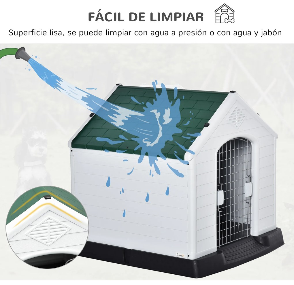 PawHut Casota de Cães Medianos com Porta Metálica Fechadura Teto Inclinado e Base Elevada para Interior e Exterior 78x87x81cm Branco e Verde