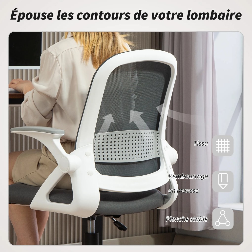 Cadeira de escritório ergonómica, em malha com braços rebatíveis, altura ajustável, cinzenta