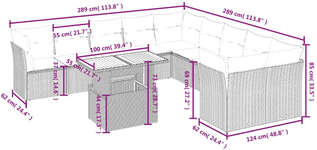 11 pcs conjunto sofás de jardim c/ almofadões vime PE preto