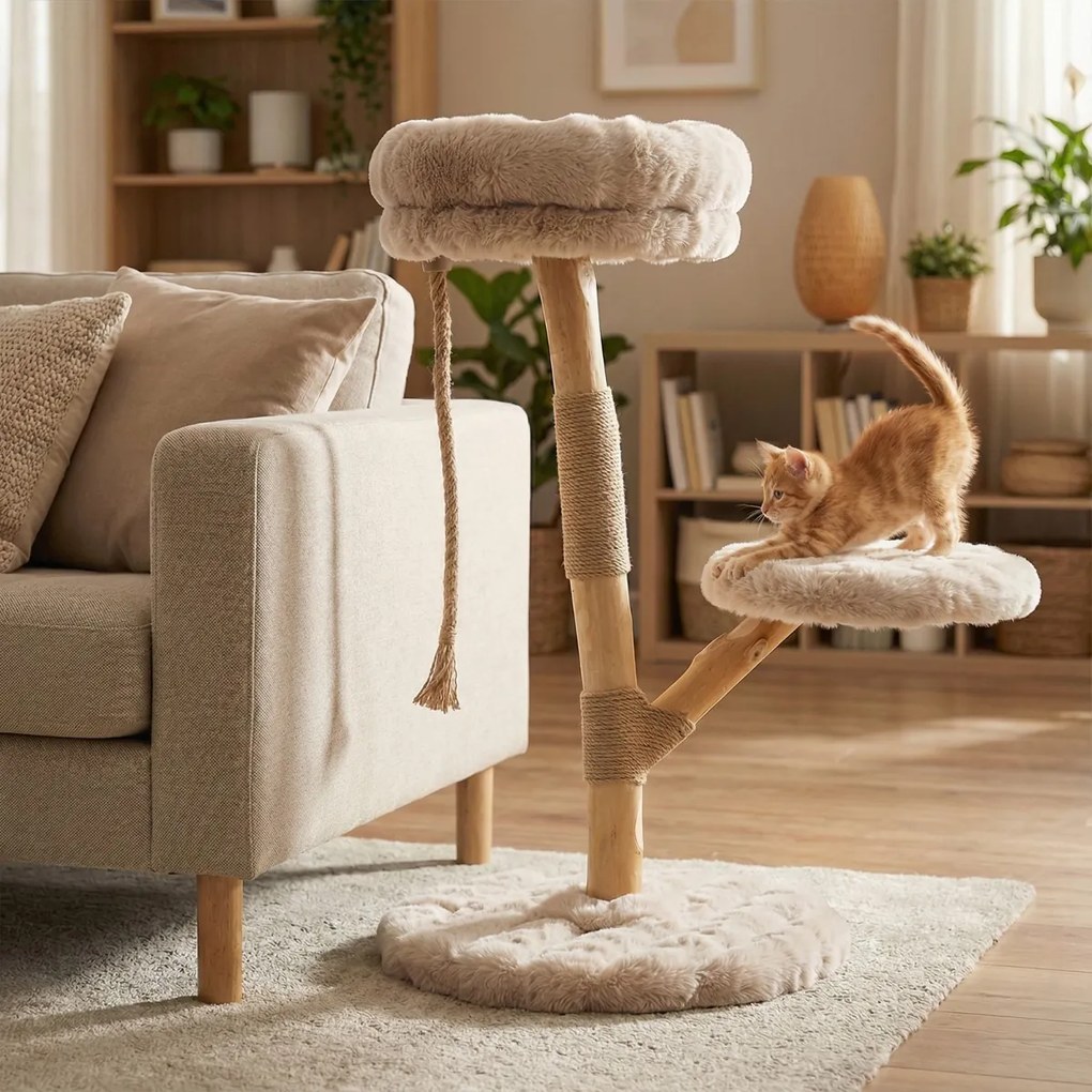 Arranhador para gatos 50 x 90 cm com plataforma central de atividades em madeira maciça, com postes para arranhar em juta natural, natural e bege