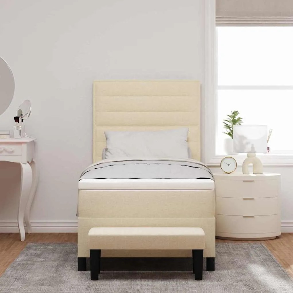 Cama Box Spring com Colchão &amp; Banco Creme 100x200 cm Tecido
