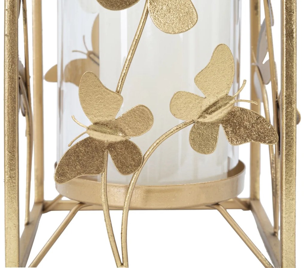 Castiçal "Glam Butterfly" em Metal Dourado – 14x14x29 cm