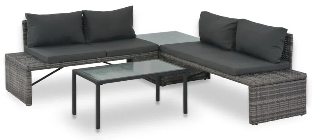Conjunto lounge de jardim c/ almofadões 3 pcs vime PE cinzento