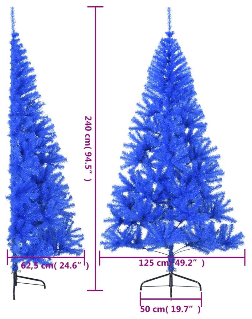 Meia árvore de Natal artificial com suporte 240 cm PVC azul