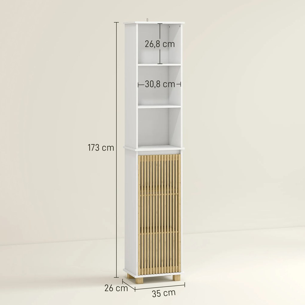 Armário de casa de banho, móvel de arrumação para casa de banho com porta de ripas de bambu e compartimentos abertos 35 x 26 x 173 cm branco