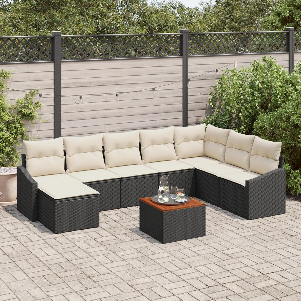 Conjunto de Sofá de Jardim de 9 Peças com Almofadas Preto Poli Rattan