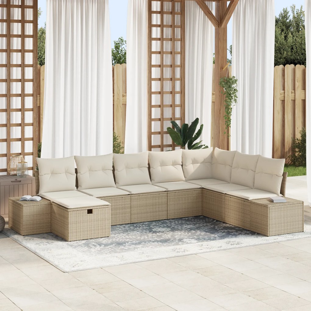 Conjunto de Sofá de Jardim de 8 Peças com Almofadas Bege Polirattan