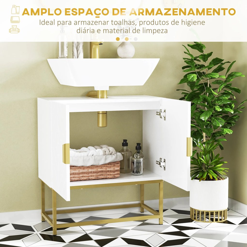 Móvel para Lavatório (NÃO INCLUIDO) Pousar Armário para Casa de Banho Moderno com 2 Portas e Pés de Aço 60x30x65 cm Branco e Dourado