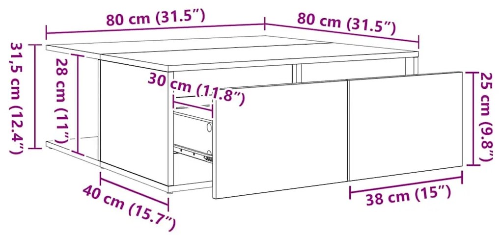 Mesa de centro com gaveta carvalho artisiano 80 x 80 x 31 cm