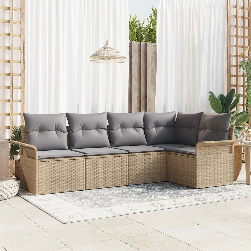 Conjunto de Sofá de Jardim de 5 Peças com Almofadas em Vime Bege, Sofá