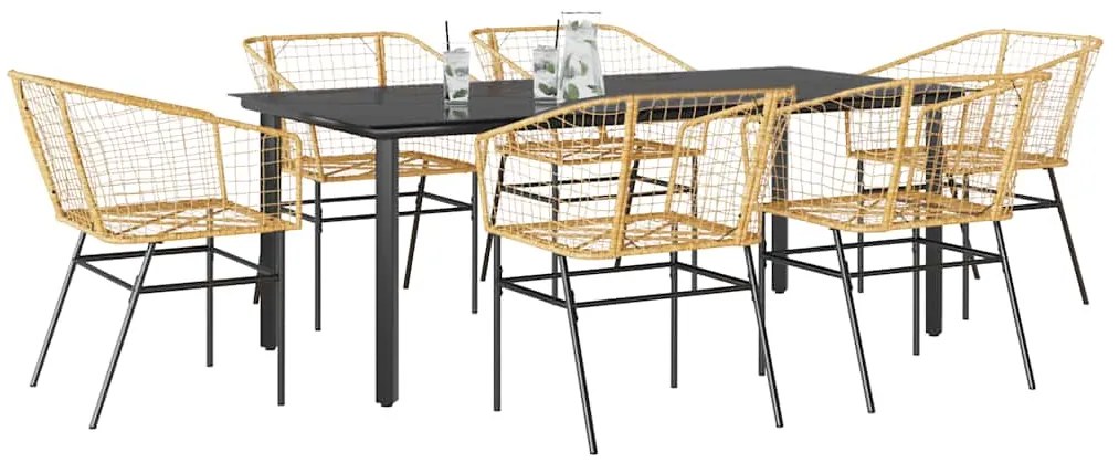 Conjunto jantar jardim 7 peças vidro vime PE castanho